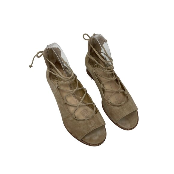 Vince Camuto Rochela Suede Wedge Size 7.5 Sandal Lace-up Tan Peep Toe - Picture 3 of 13